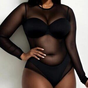 Plus Sexy Sheer Mesh Long Sleeve Bodysuit
